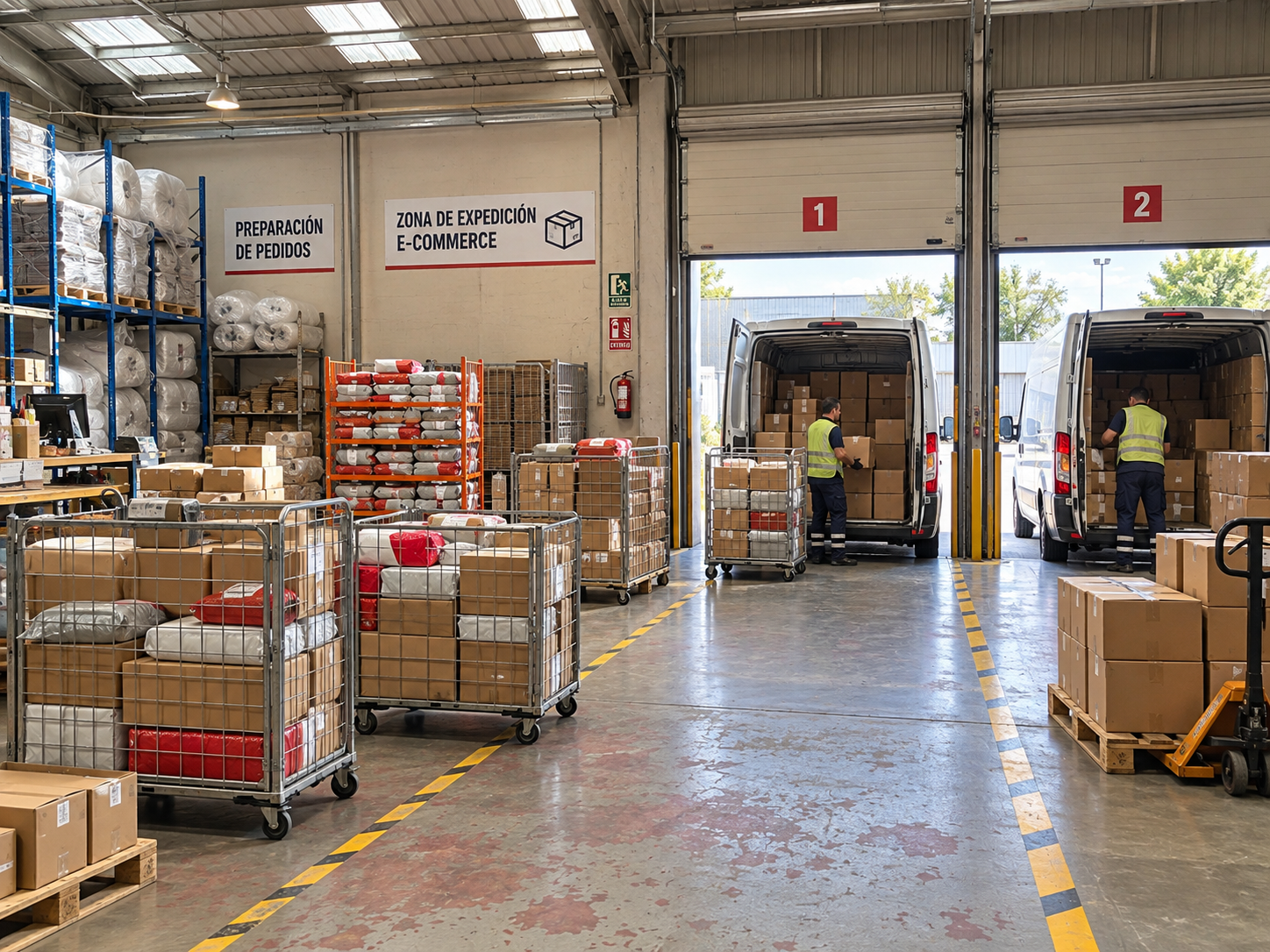 Zona de expedición ecommerce de House Logistic con furgonetas cargando pedidos