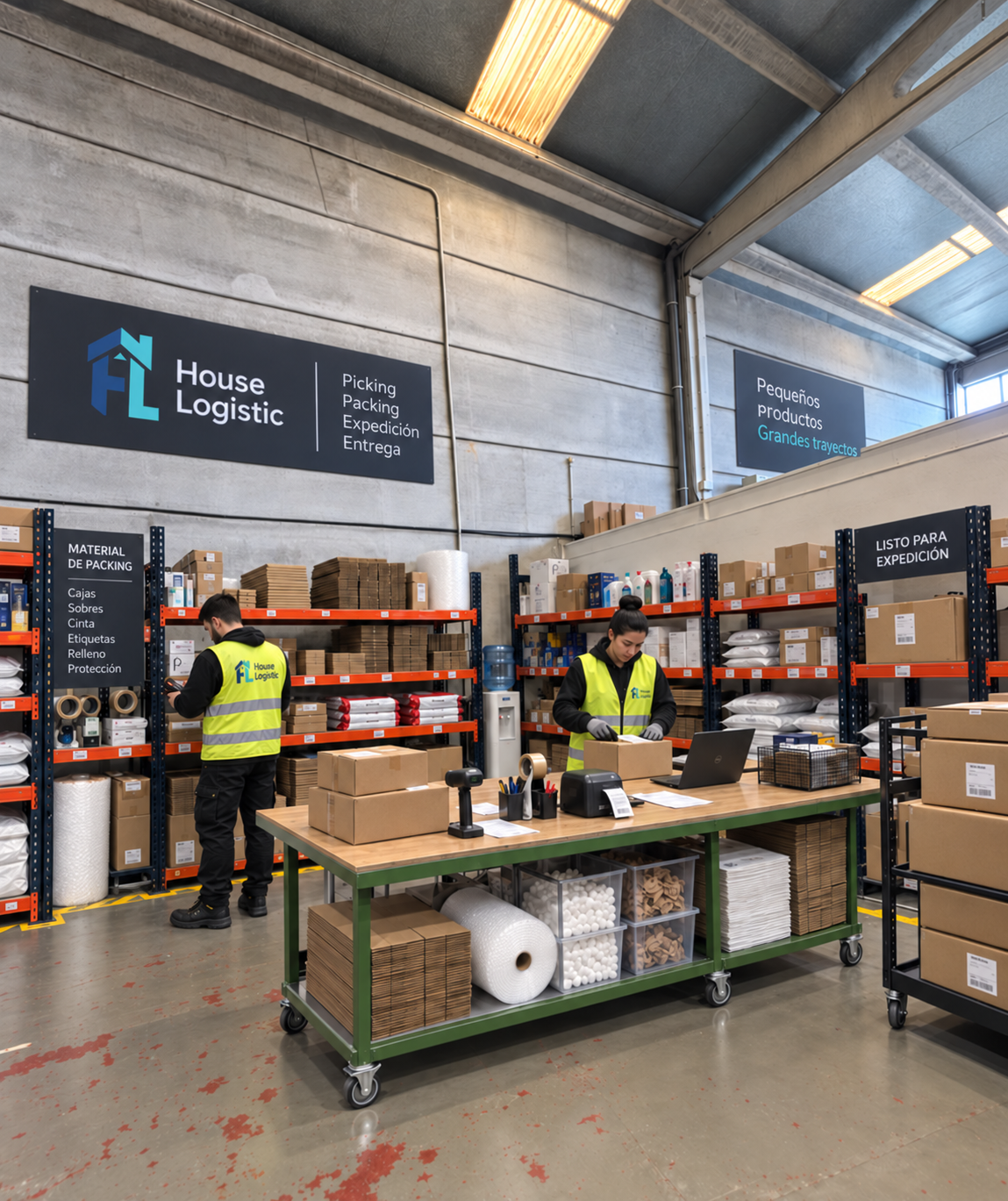 Operarios preparando pedidos en la zona de packing de House Logistic